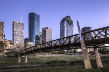 Houston Skyline and Buffalo Bayou Pedestrian Bridge